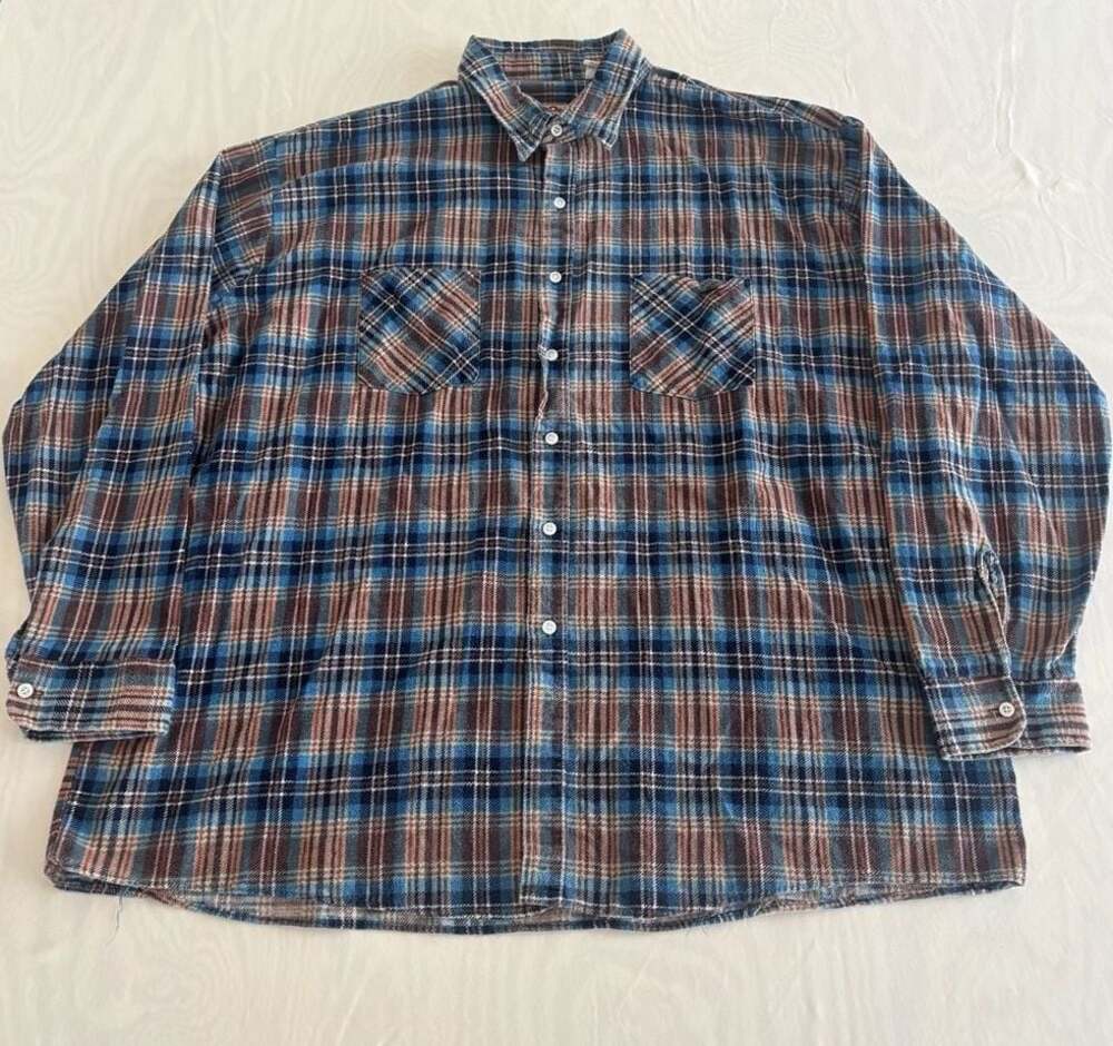 American Edition Vintage Plaid Flannel Button Down Shirt Size 3XL Blue Brown